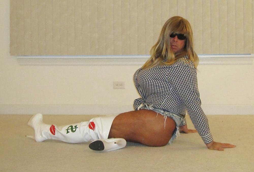 16P Tanned Blonde Crossdresser in Daisy Dukes and Thigh Boots