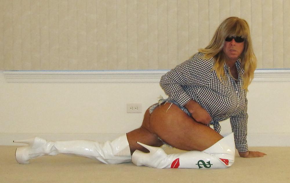 16P Tanned Blonde Crossdresser in Daisy Dukes and Thigh Boots