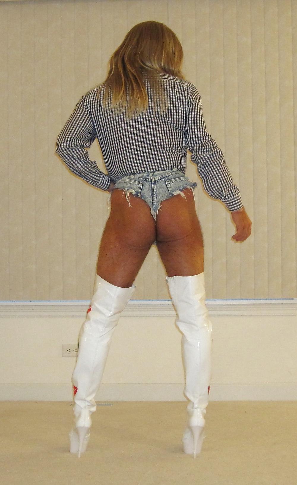 16P Tanned Blonde Crossdresser in Daisy Dukes and Thigh Boots