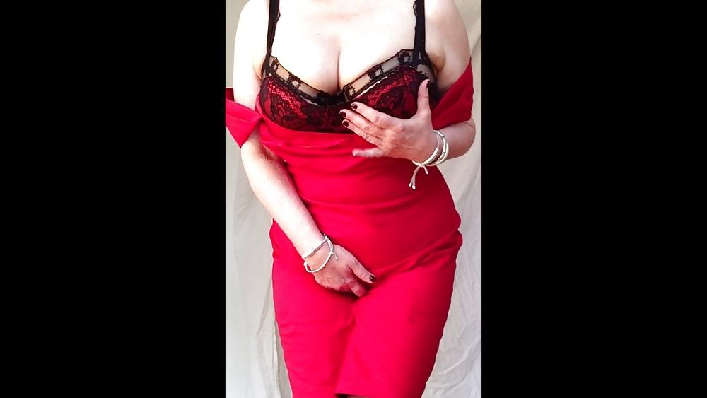 7P Sexy granny big tits, shaved pussy stripping off red dress