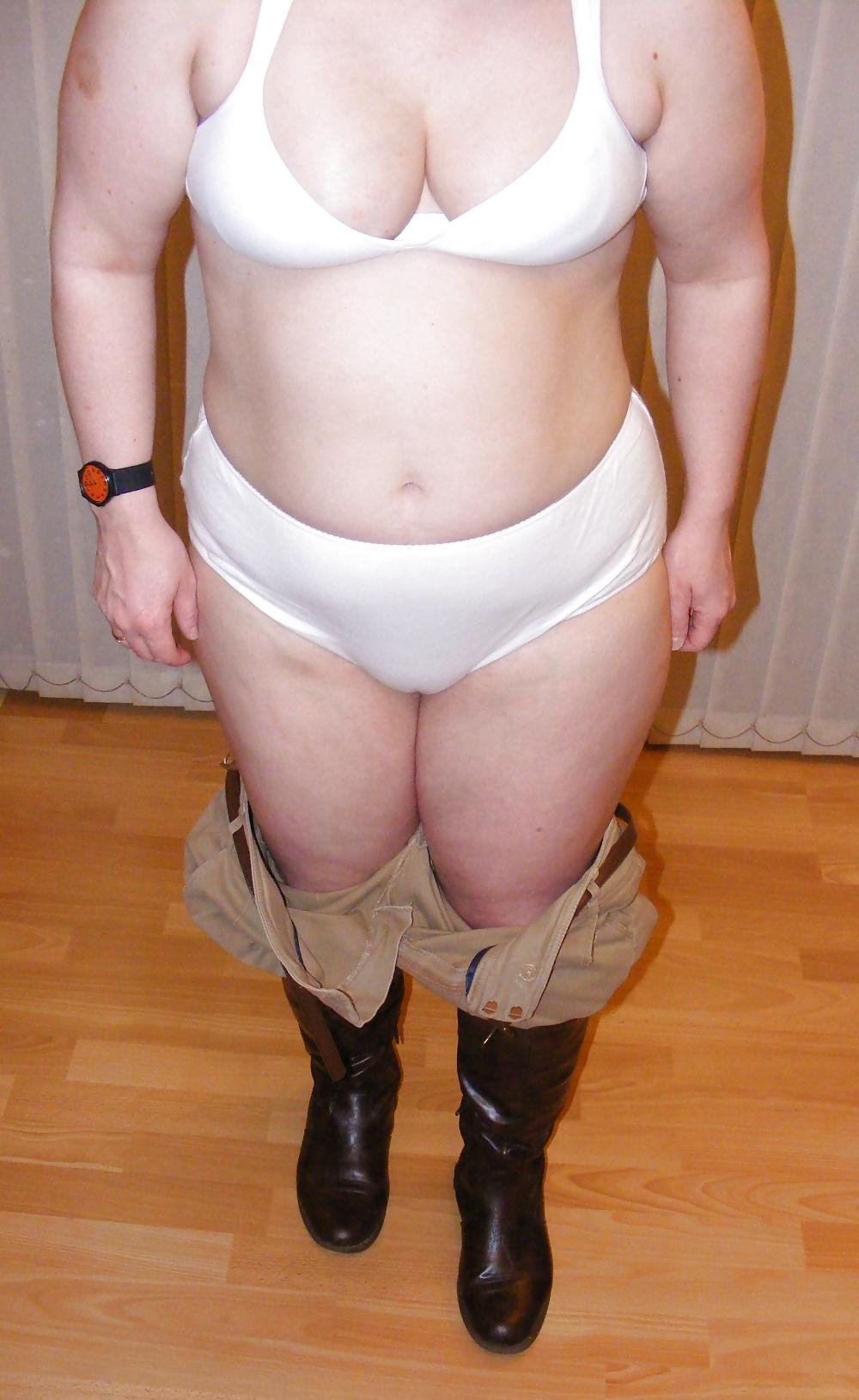 25P White knickers, boots, and riding crop