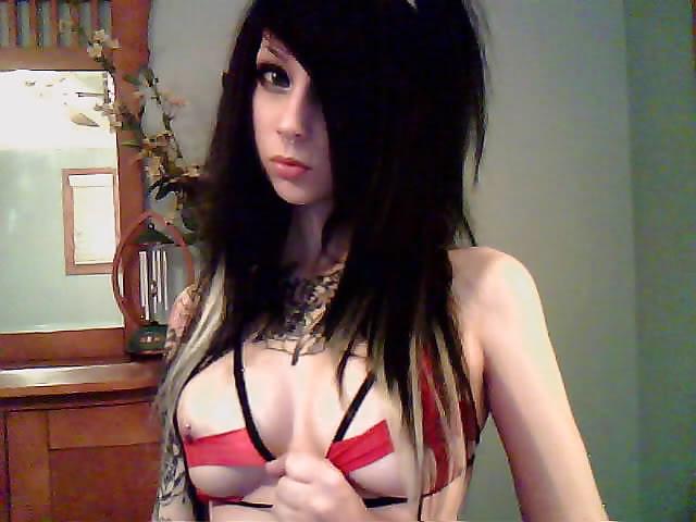 9P Skinny emo teen amateur strips black cat tattoos goth