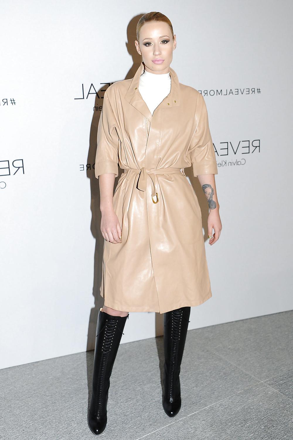 5P Iggy Azalea nude trench coat and black leather high boots