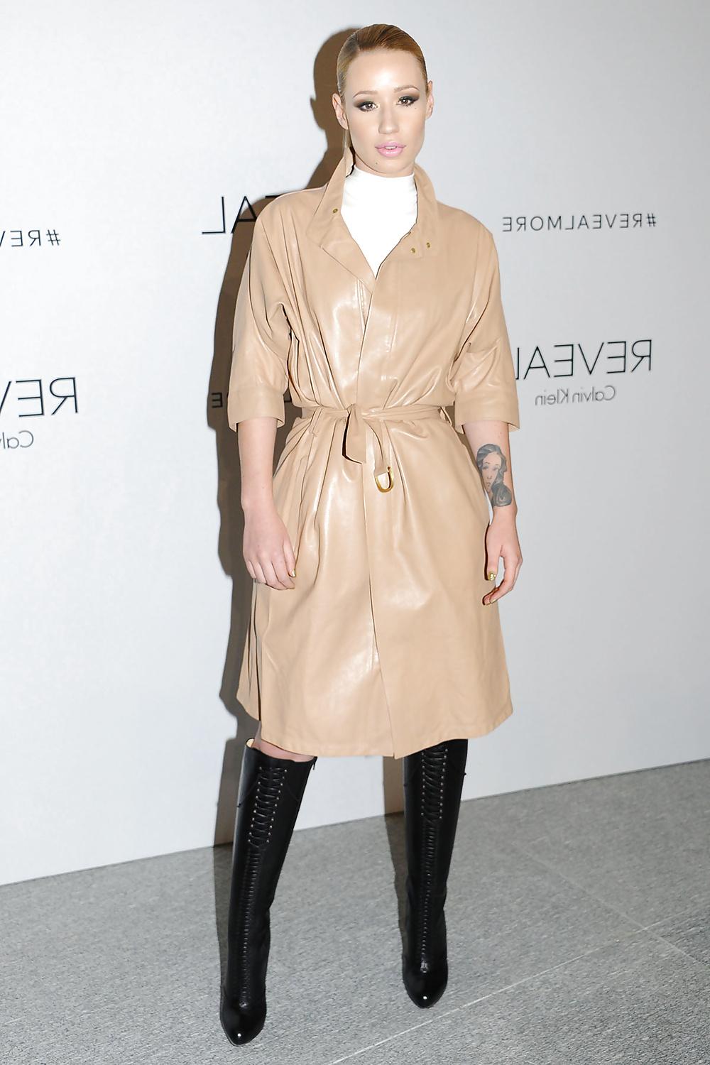 5P Iggy Azalea nude trench coat and black leather high boots