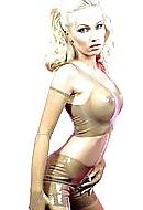 15P Blonde wearing transparent latex catsuit and latex gloves