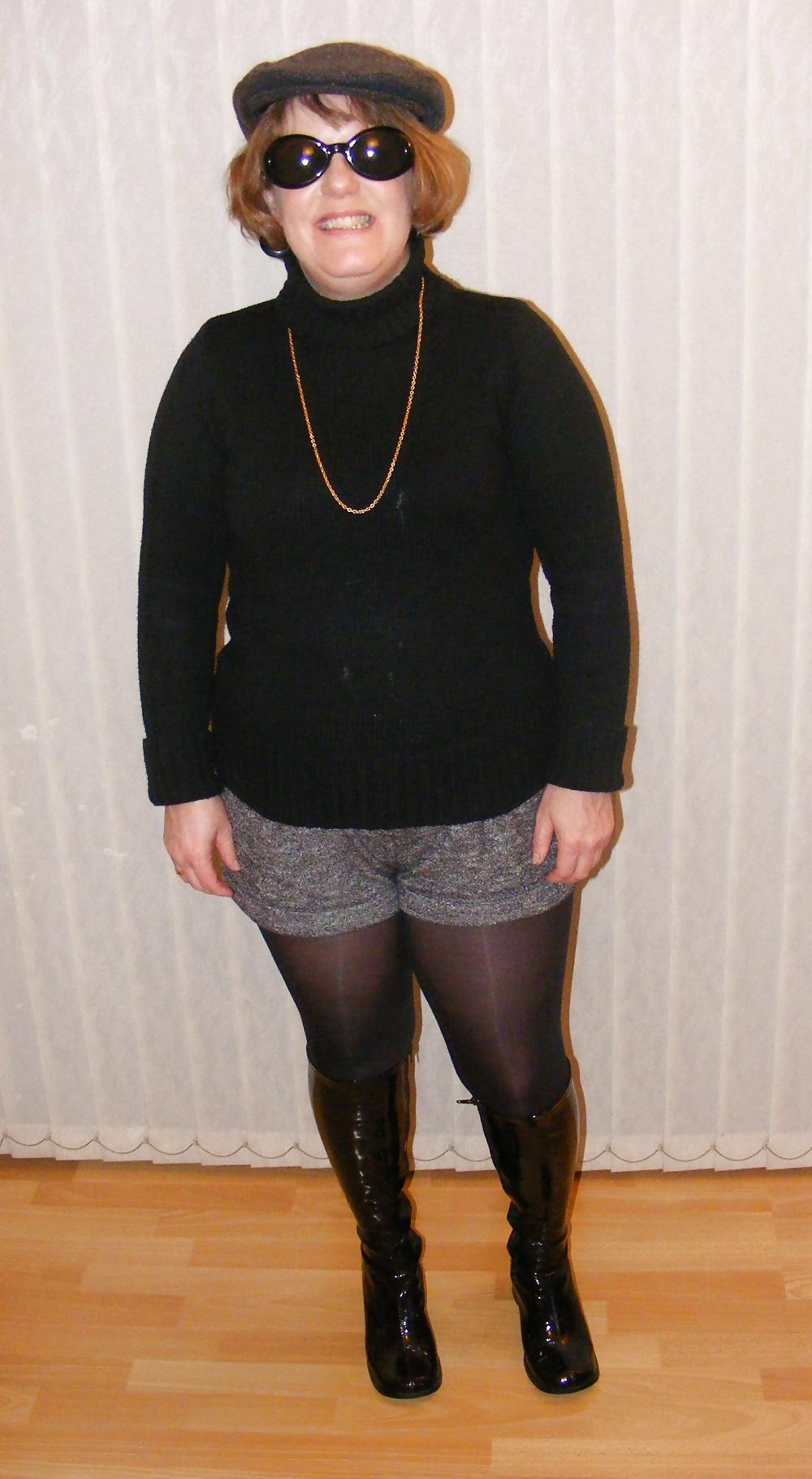 14P Shorts, shiny tights, and patent boots