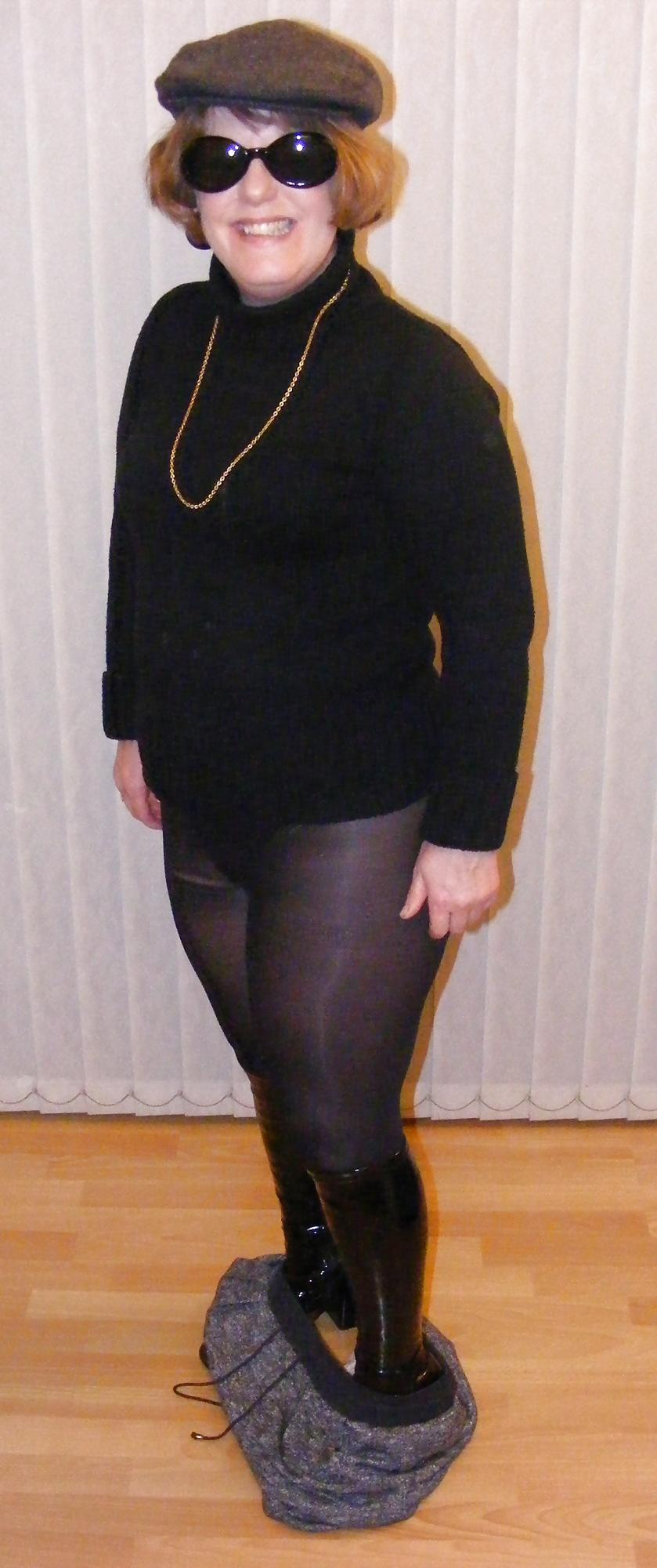 14P Shorts, shiny tights, and patent boots