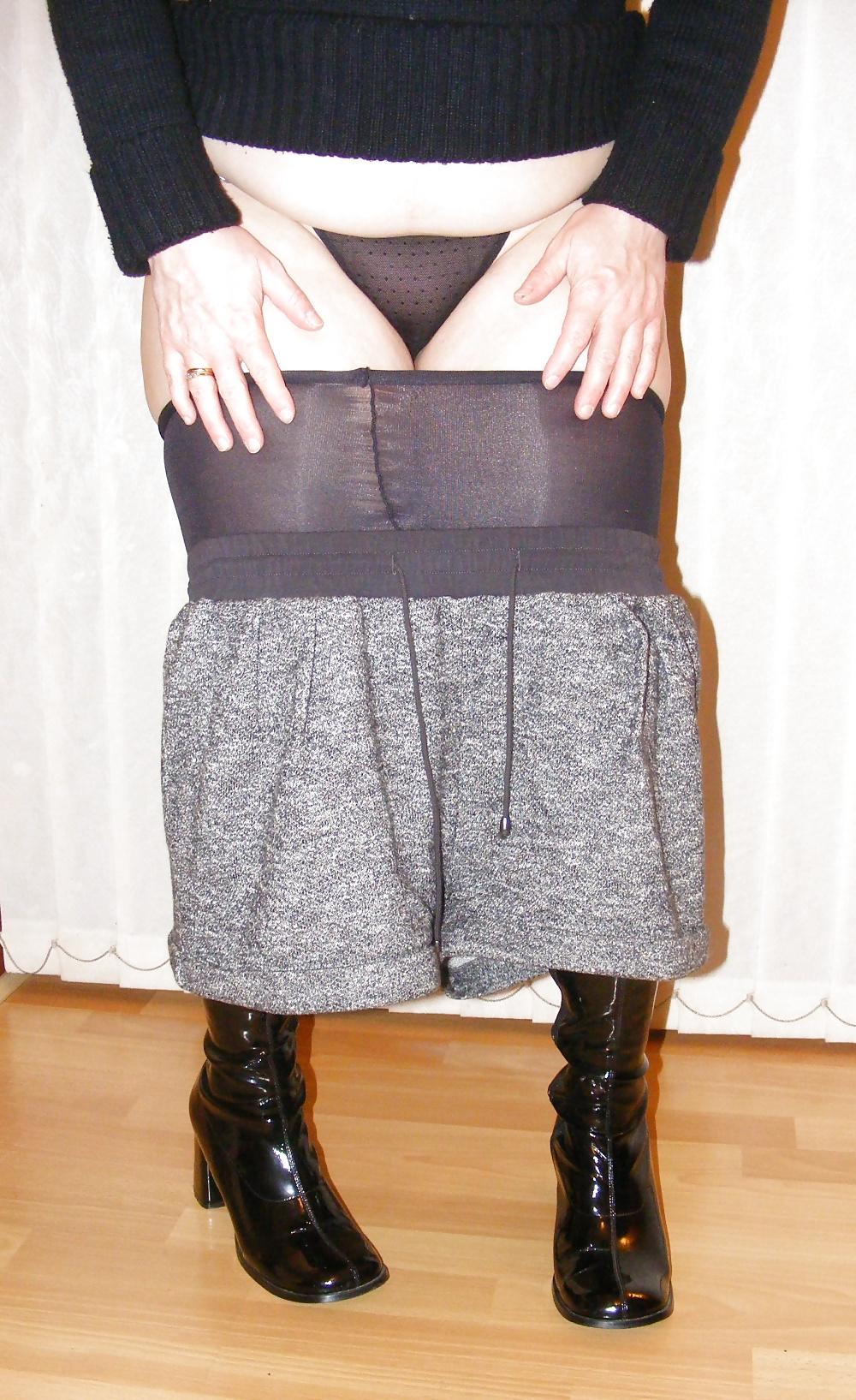 14P Shorts, shiny tights, and patent boots