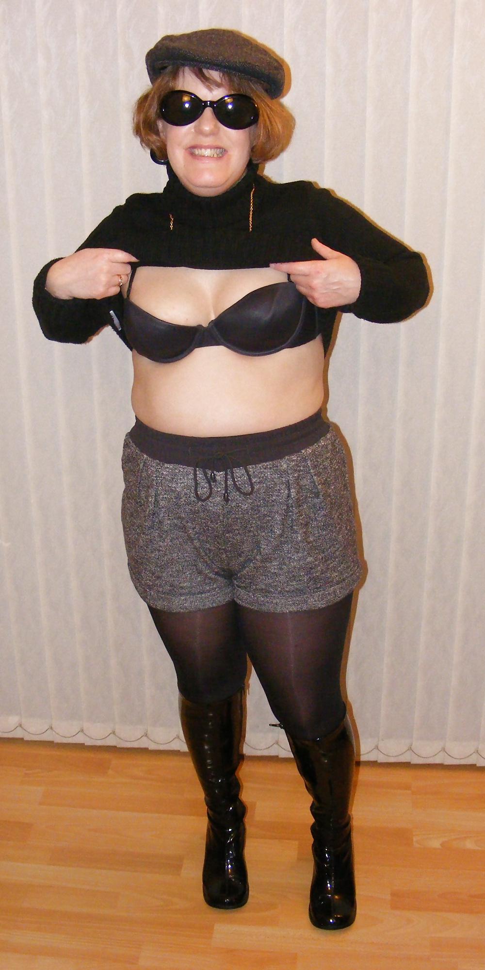 14P Shorts, shiny tights, and patent boots