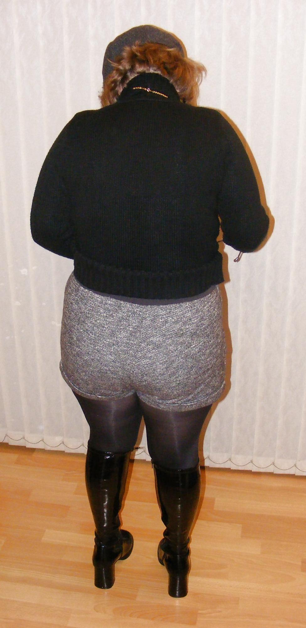 14P Shorts, shiny tights, and patent boots