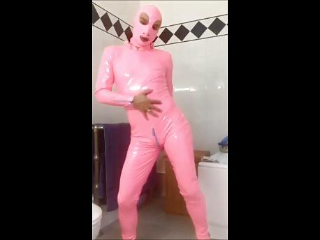 10P Pvcsissy in pink pvc catsuit
