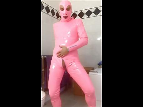 10P Pvcsissy in pink pvc catsuit