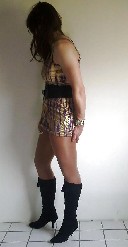 20P Shiny gold dress with high heeled boots cd tv sissy