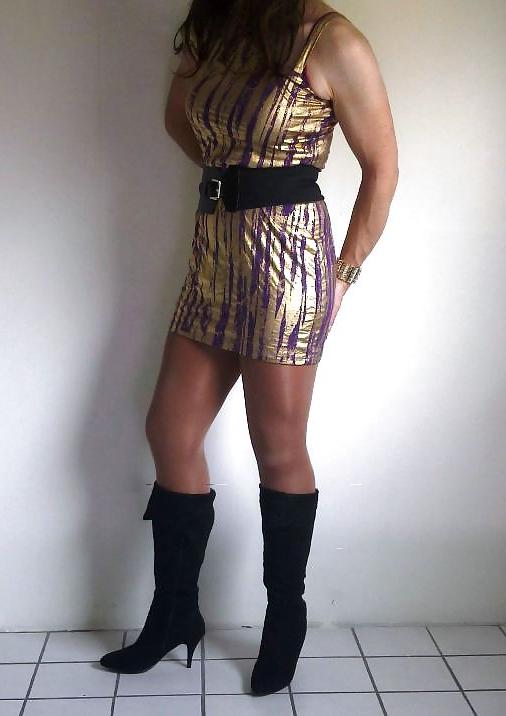 20P Shiny gold dress with high heeled boots cd tv sissy