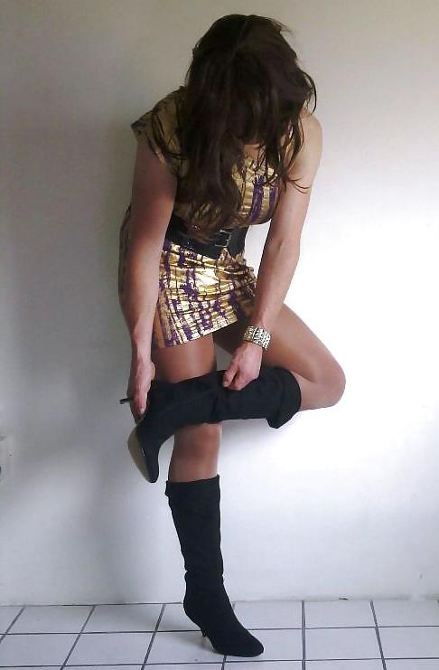 20P Shiny gold dress with high heeled boots cd tv sissy