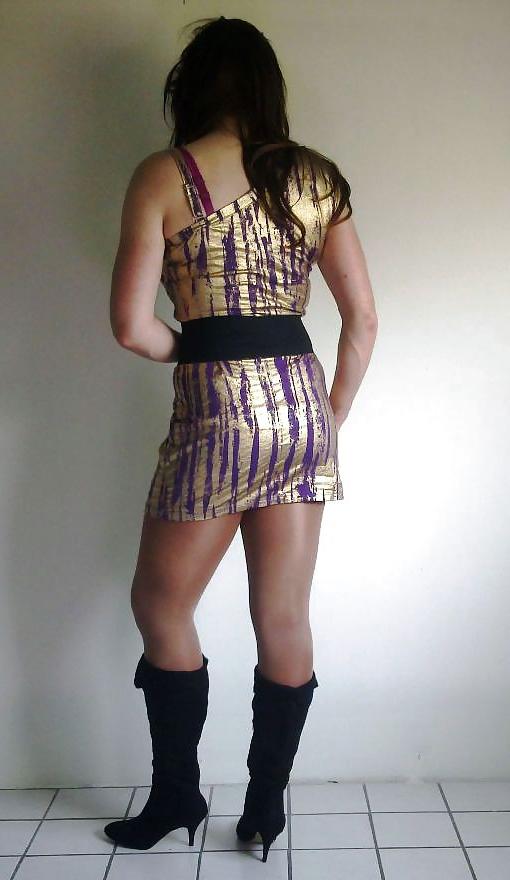20P Shiny gold dress with high heeled boots cd tv sissy