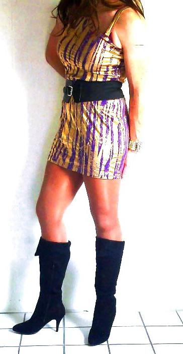 20P Shiny gold dress with high heeled boots cd tv sissy
