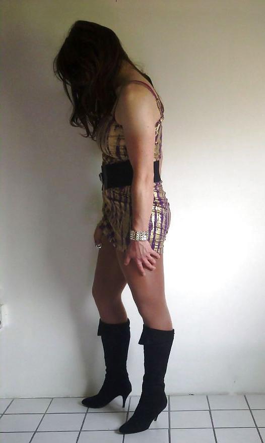 20P Shiny gold dress with high heeled boots cd tv sissy