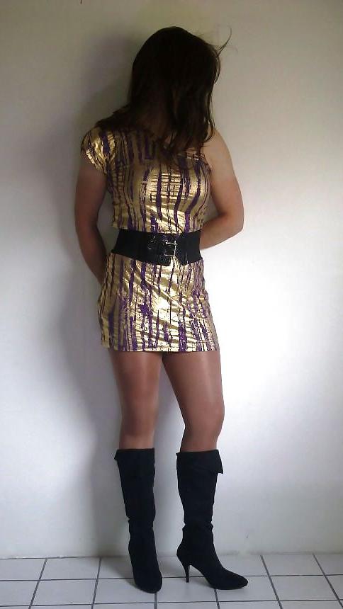 20P Shiny gold dress with high heeled boots cd tv sissy