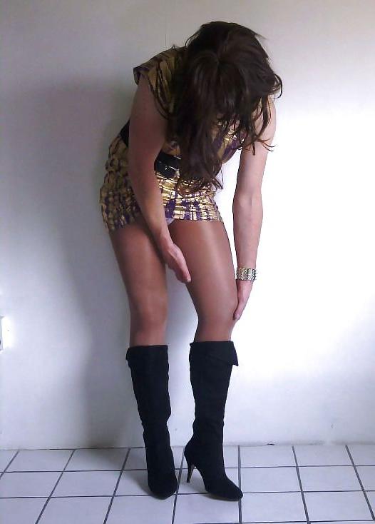 20P Shiny gold dress with high heeled boots cd tv sissy