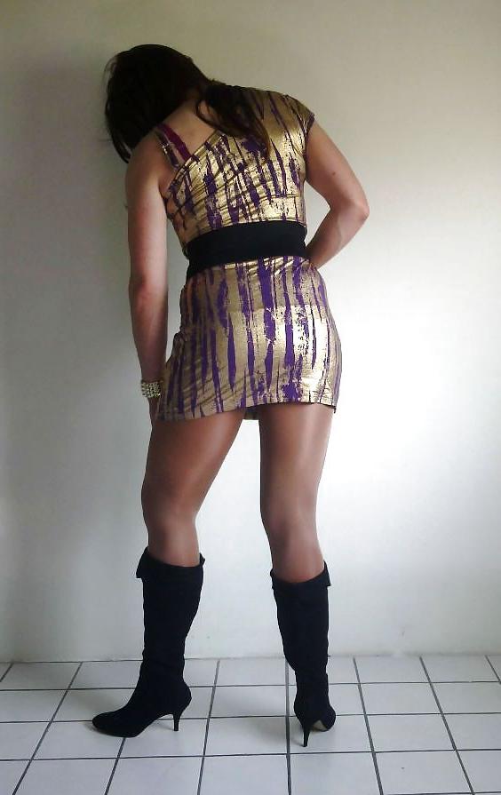 20P Shiny gold dress with high heeled boots cd tv sissy