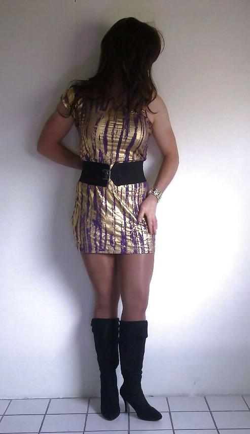20P Shiny gold dress with high heeled boots cd tv sissy