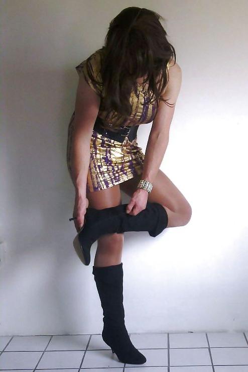 20P Shiny gold dress with high heeled boots cd tv sissy