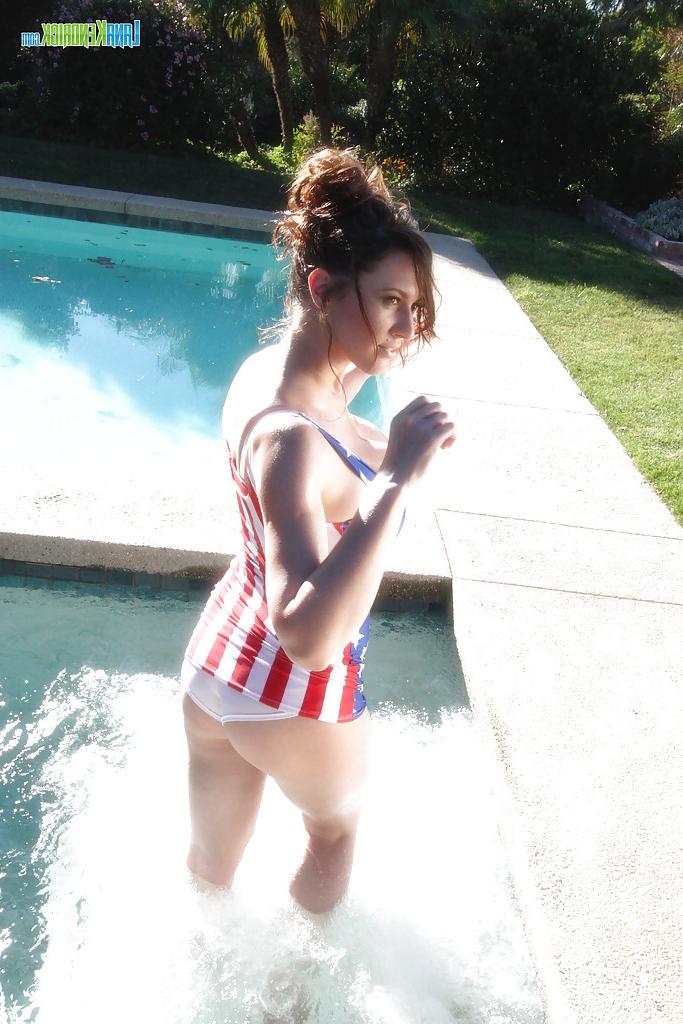16P Pornstar in American flag-themed swimming suit Lana Kendrick has fun in pool