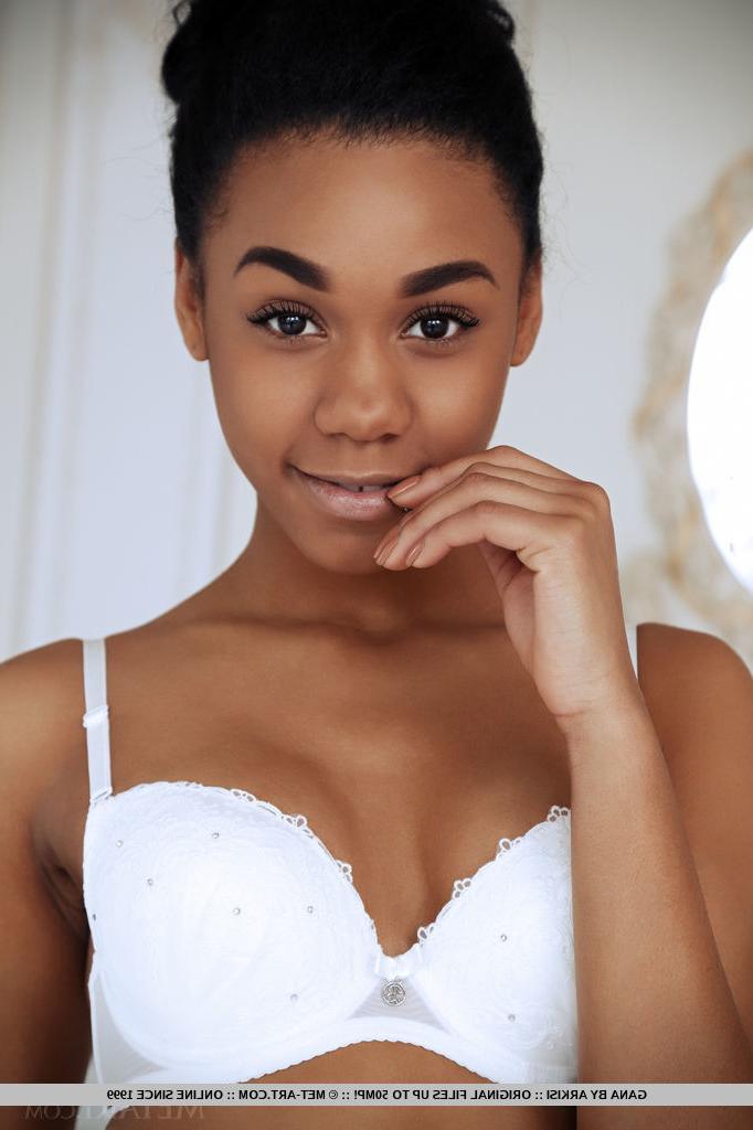 18P Ebony glamour babe in stockings and garters unveiling tiny teen boobs