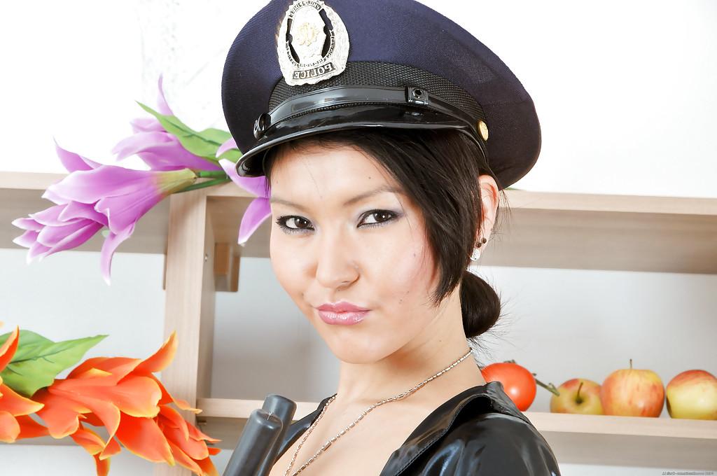 16P Latina slut Agnes is spreading her long legs while in a black uniform