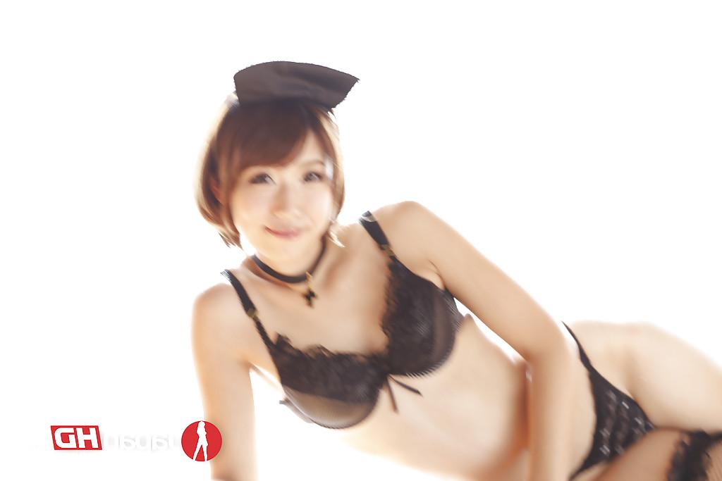 16P Petite Asian babe Seira Matsuoka stripping off maid uniform to pose nude