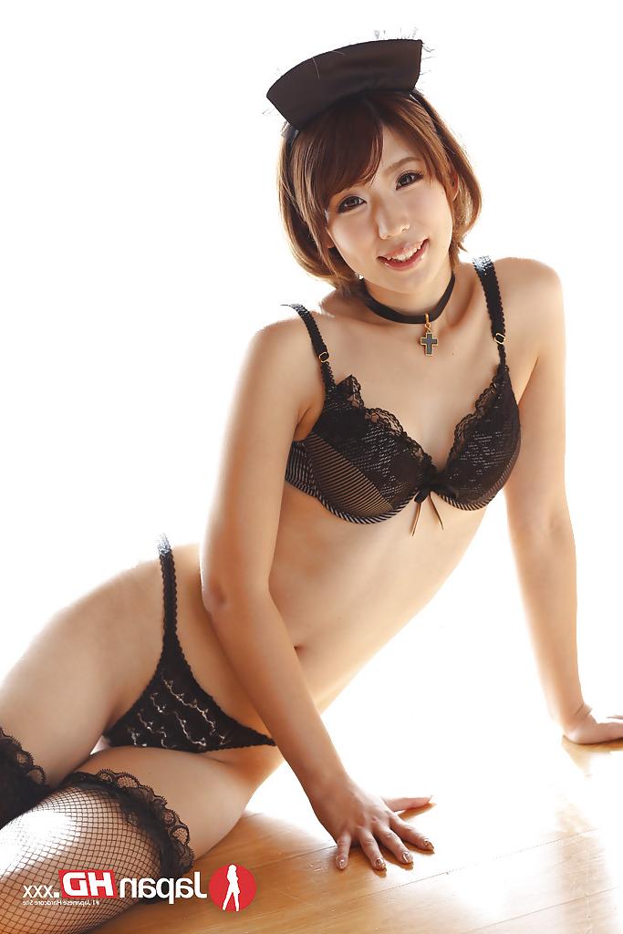 16P Petite Asian babe Seira Matsuoka stripping off maid uniform to pose nude