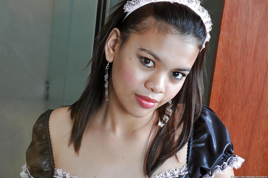 16P Petite Latina amateur Clarice flashing tits and ass from under maid outfit