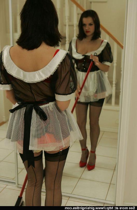 12P Brunette hottie in nylon stockings taking off her maid uniform