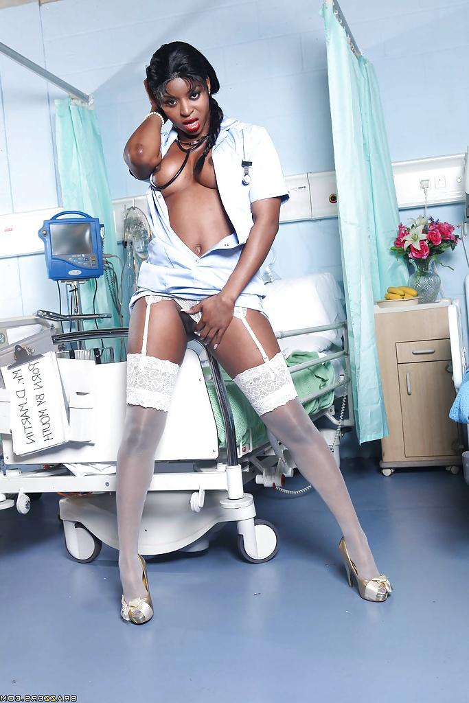 16P Raunchy ebony nurse with pigtails Jasmine Webb taking off her uniform