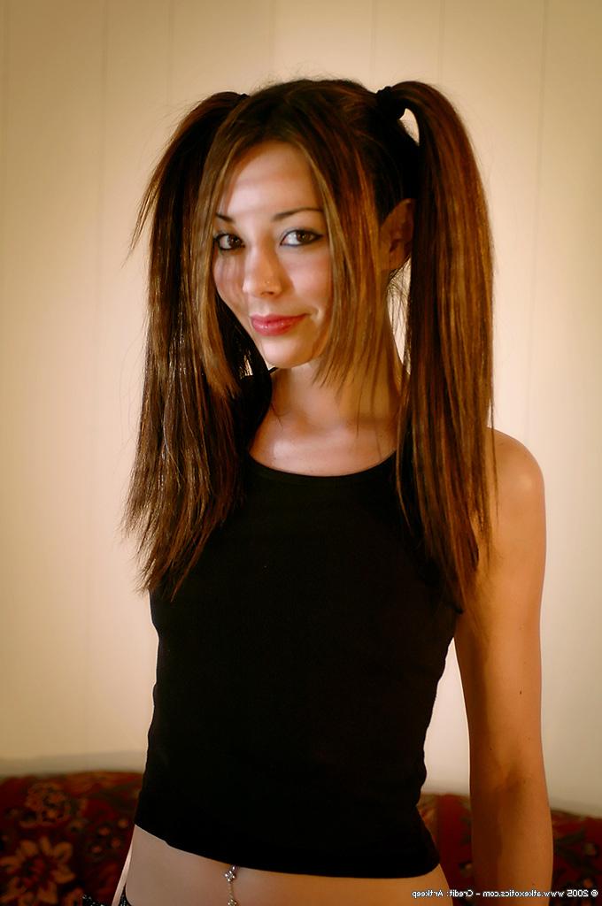 16P Latina first timer in pigtails and boots exposing pierced nipples