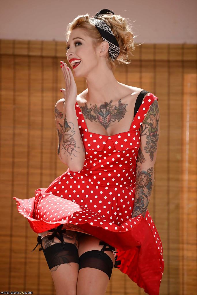 16P Blonde babe Kleio Valentien removes summer dress to expose tattoos