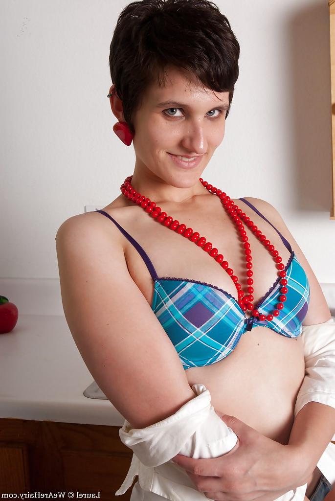 16P Short haired brunette babe in socks stripping and masturbating her cunt