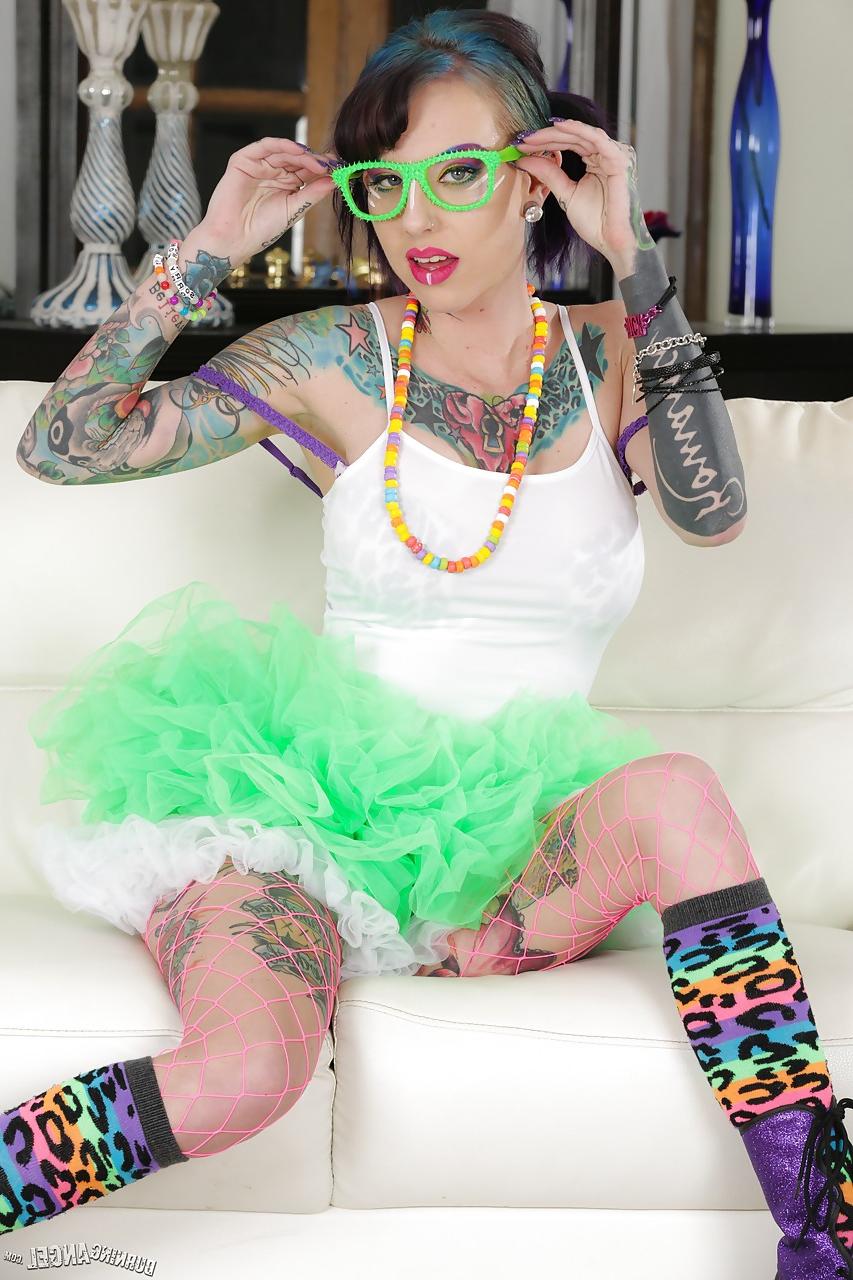 15P Tattooed slut Romance in glasses & socks with boots stretching bald twat