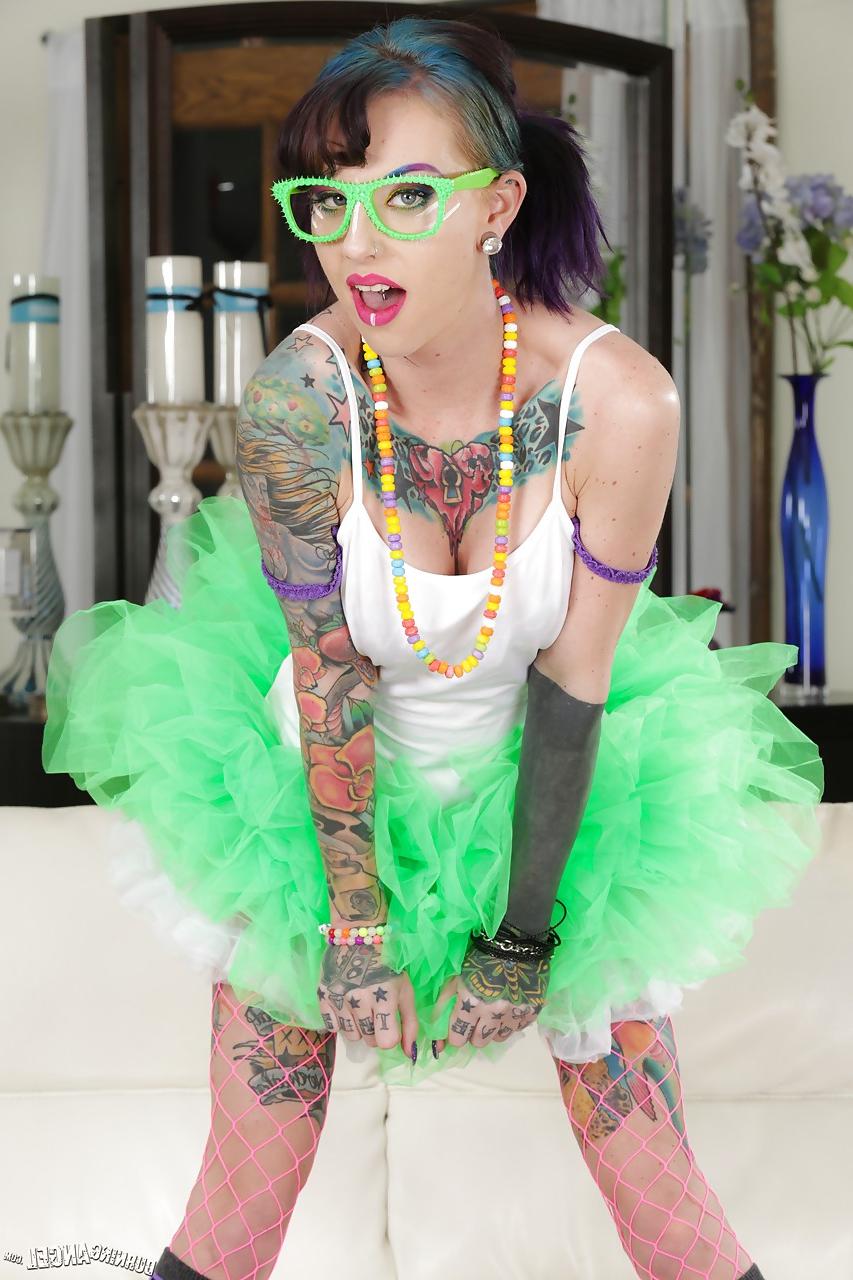 15P Tattooed slut Romance in glasses & socks with boots stretching bald twat