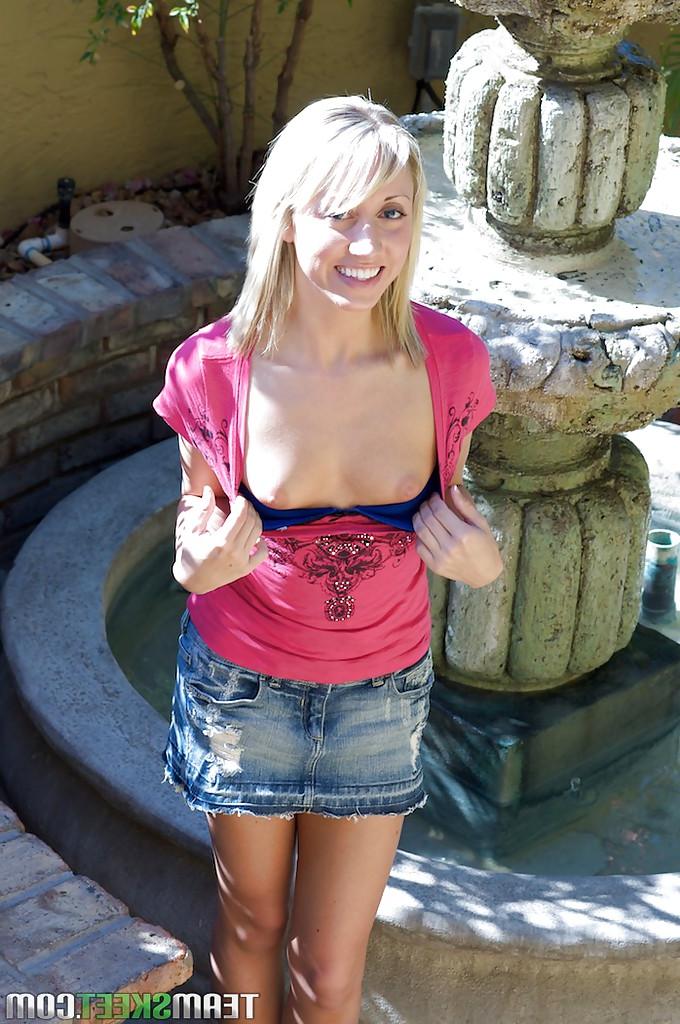 16P Smiley teenage blonde flashing her small tits and tempting fanny