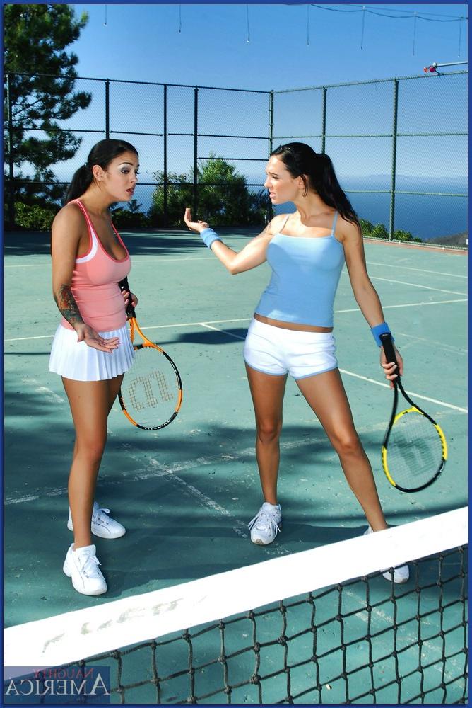 16P Three stunning sports babes pleasing one cock on a tennis court