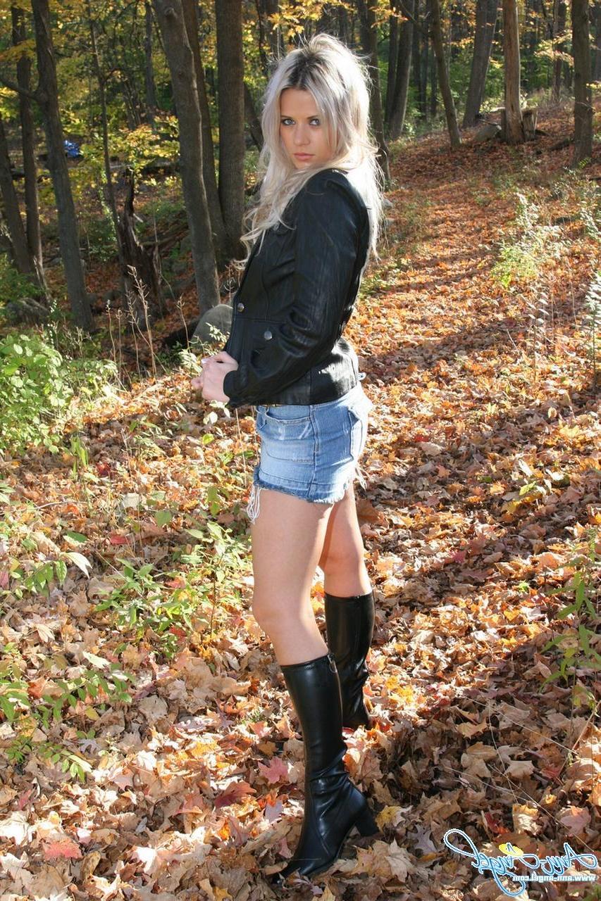 16P Ann Angel goes for a walk in her jean miniskirt and leather jacket