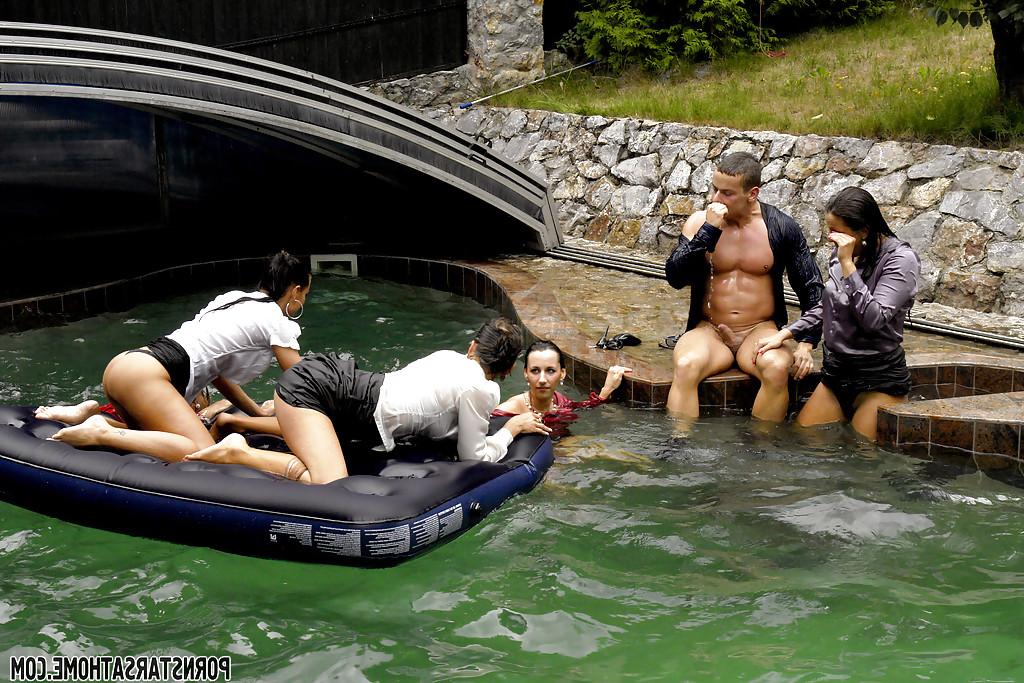 16P Fully clothed pornstars are into crazy groupsex by the pool