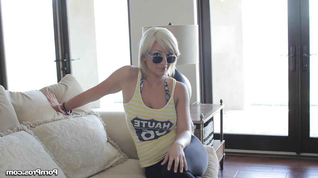 16P Young blonde chick Lexi Swallow disrobing to pose naked outdoors in socks