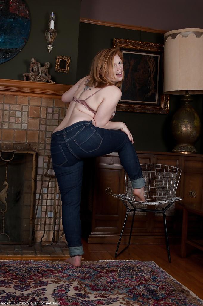16P Nasty babe in jeans Madison Young masturbating her trimmed cunt