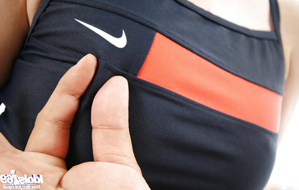 16P Smiley asian sweetie gets her sport outfit ripped and exposes her titties