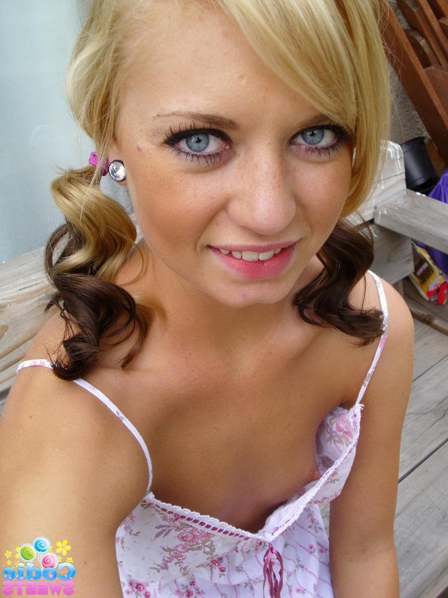 12P Super sexy blonde Codie Sweets takes selfshot pictures of her perfect tight little pussy