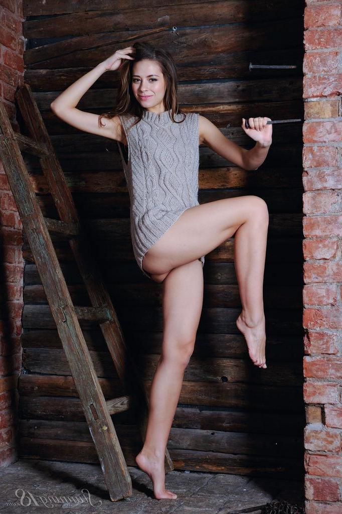 16P Brunette teen Olya Fey strips naked for you in the cellar