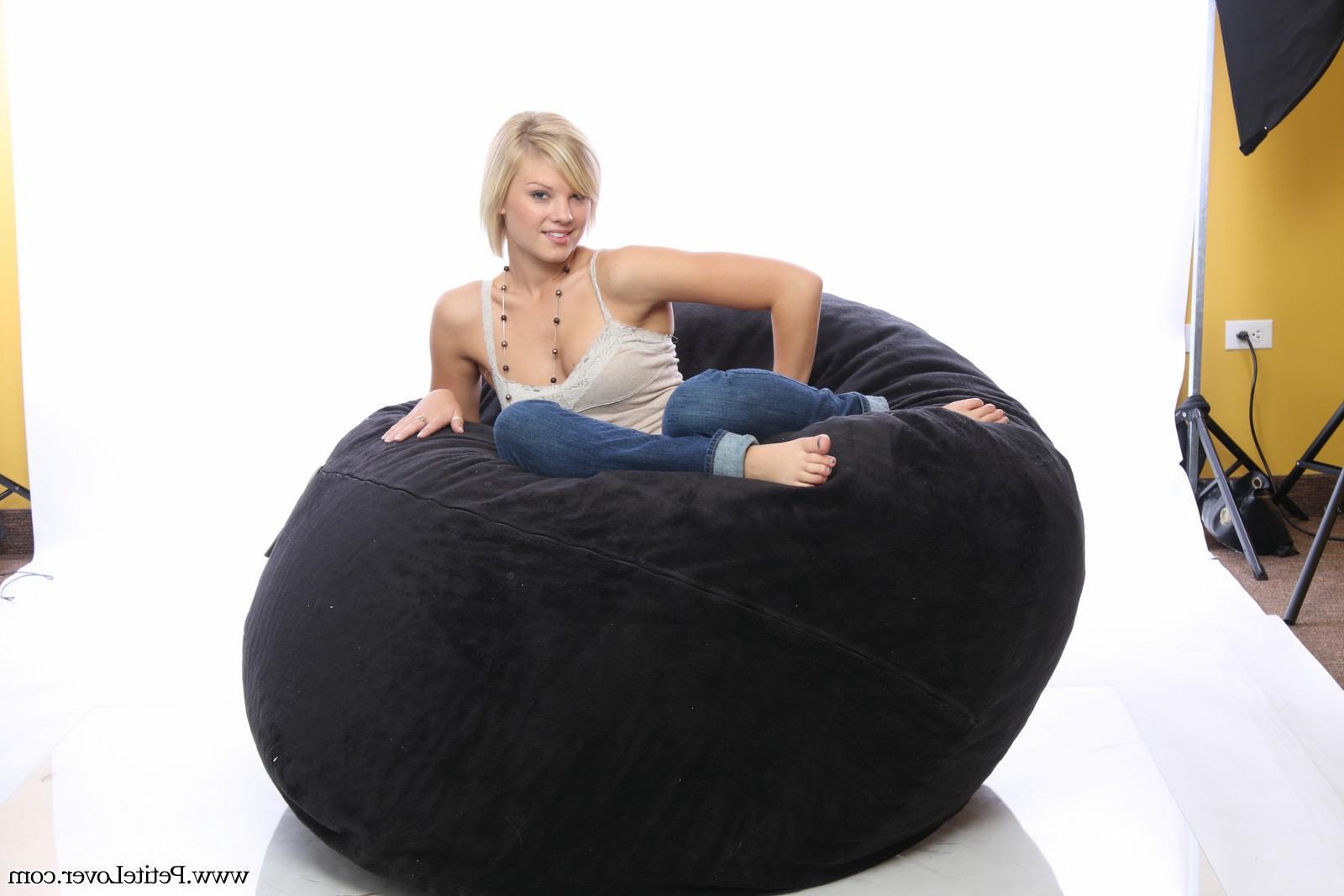 16P Petite blonde girl Tiffany teases on a bean bag